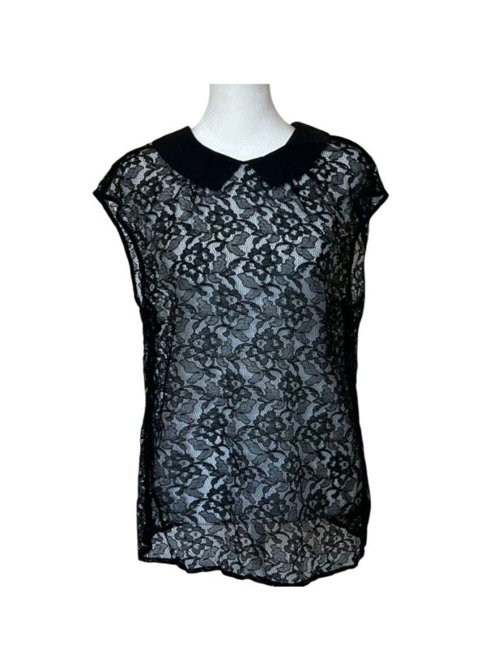 Y2K Womens Sz L Top Black Sheer Lace Peter Pan Collar Whimsigoth Fairy Grunge - Picture 2 of 11